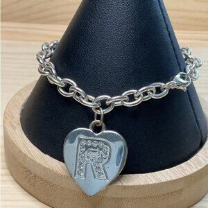 Silver Tone Chain Bracelet Heart R Rhinestone Dangling Charm